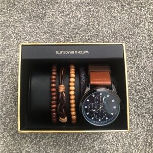 Men's Black and Brown Leather Watch & Bracelet Set